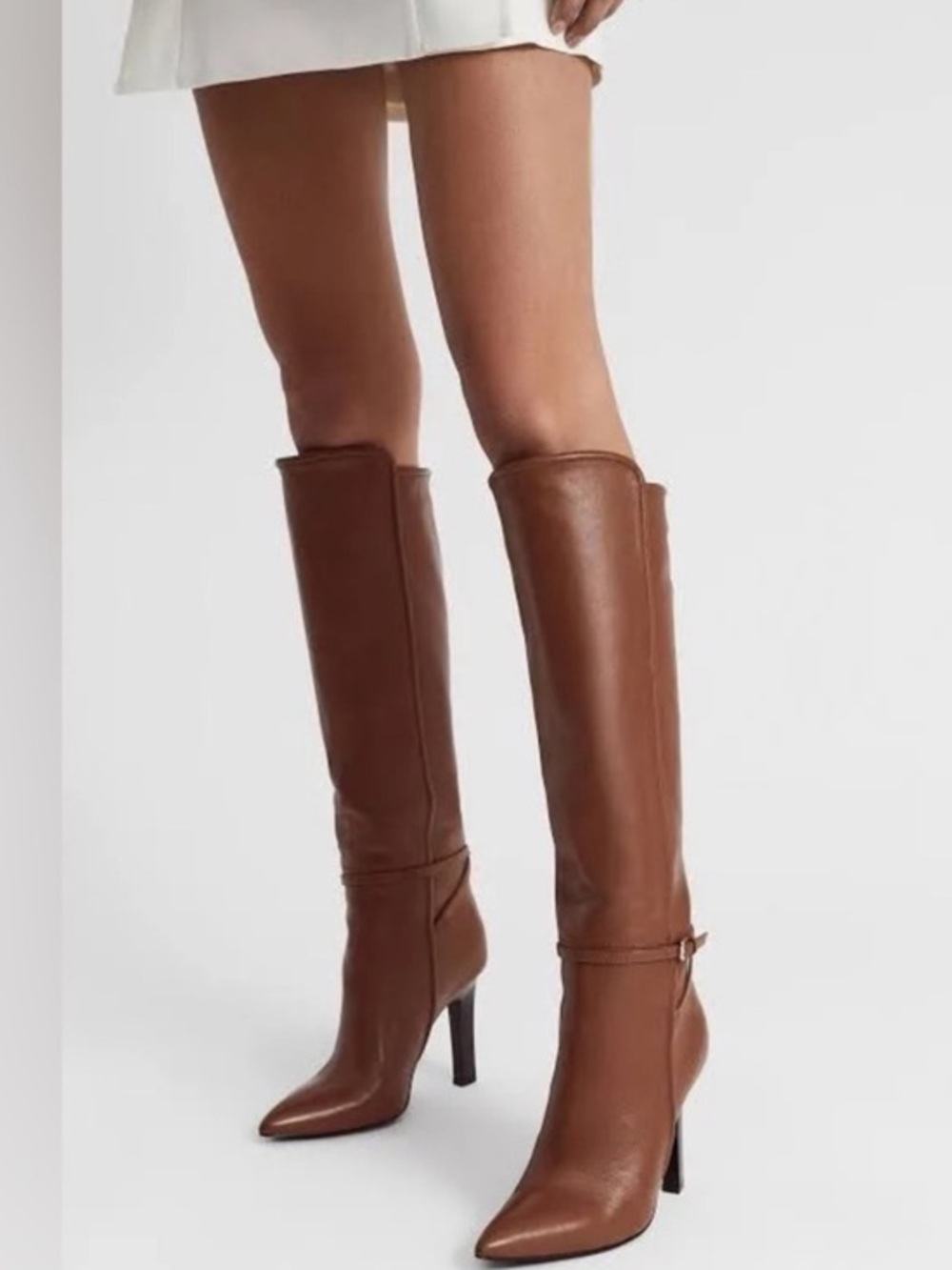 REISS Caitlin Tall Pointed Toe Brown Leather Knee High Boots buckle wrap size 8